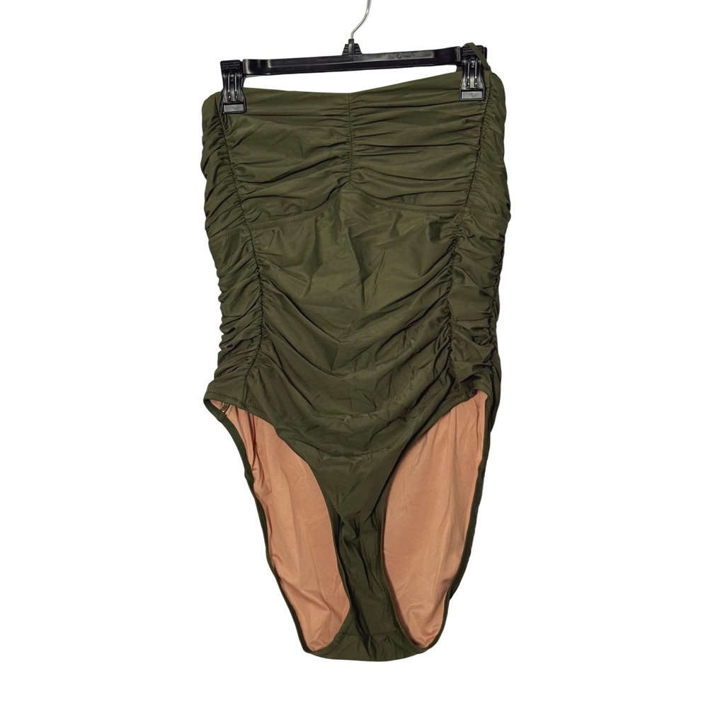 J. Crew Ruched Tie Shoulder One Piece Halter Swim Suit Olive Green - 14